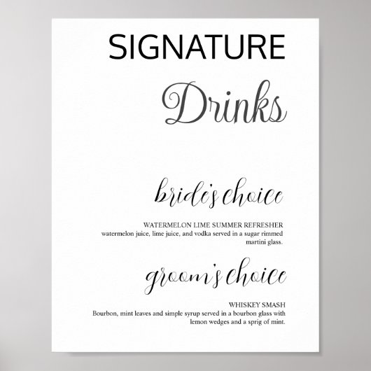 Elegant White Signature Drinken Wedding Bar Poster (Voorkant)