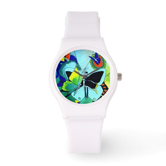 Elegant White Silicon Butterfly Collage Ontworpen  Horloge (Voorkant)
