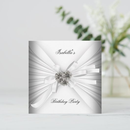Elegant White Silver Birthday Party Kaart (Staand voorkant)