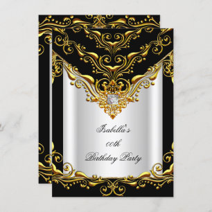 Elegant White Silver Black Gold Birthday Party Kaart