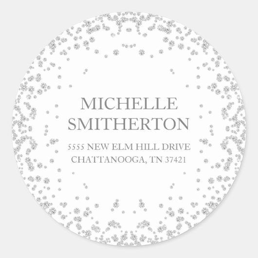 Elegant White Silver Diamond Glitter Adres Ronde Sticker (Voorkant)