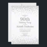 Elegant White Silver Glitter 90th Birthday Kaart<br><div class="desc">Klassieke,  elegante,  en stijlvolle 90e verjaardag partijuitnodiging in wit met zilveren glitter en een manuscriptdoopvont. Neem contact met ons op voor hulp bij aanpassingen of om passende producten aan te vragen.</div>