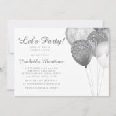 Elegant White Silver Glitter Balloons Sweet 16 Kaart (Voorkant)