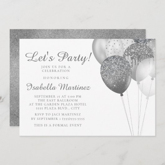 Elegant White Silver Glitter Balloons Sweet 16 Kaart (Voorkant / Achterkant)