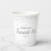 Elegant White Silver Glitter Sweet 16 Name Papieren Bekers (Achterkant)