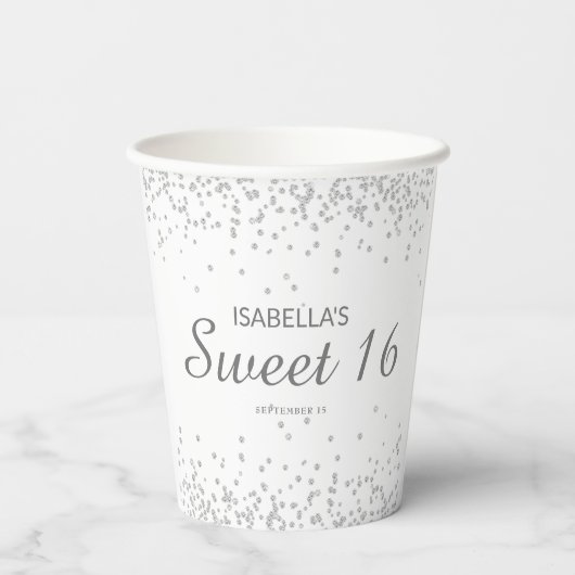 Elegant White Silver Glitter Sweet 16 Name Papieren Bekers (Achterkant)