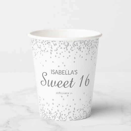 Elegant White Silver Glitter Sweet 16 Name Papieren Bekers (Voorkant)