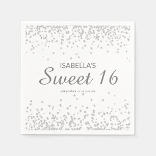 Elegant White Silver Glitter Sweet 16 Name Servet