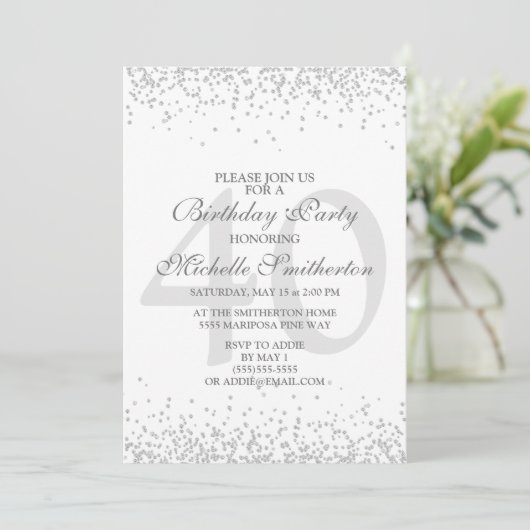 Elegant White Silver Grey Glitter 40th Birthday Kaart (Staand voorkant)