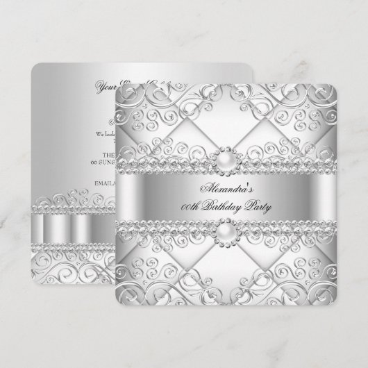 Elegant White Silver Lace Pearl Birthday Party Kaart (Voorkant / Achterkant)