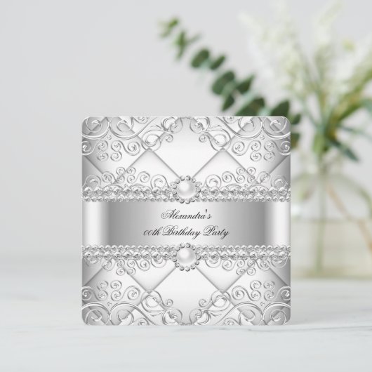 Elegant White Silver Lace Pearl Birthday Party Kaart (Staand voorkant)