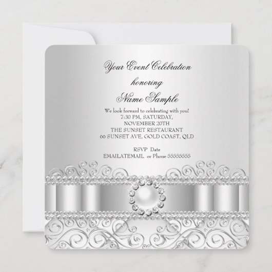 Elegant White Silver Lace Pearl Birthday Party Kaart (Achterkant)