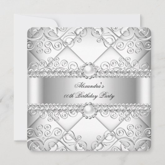 Elegant White Silver Lace Pearl Birthday Party Kaart (Voorkant)