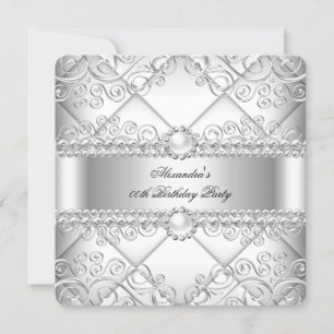 Elegant White Silver Lace Pearl Birthday Party Kaart