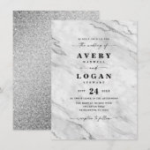 Elegant White & Silver Marble & Glitter Wedding Kaart (Voorkant / Achterkant)