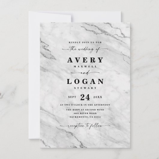 Elegant White & Silver Marble & Glitter Wedding Kaart (Voorkant)