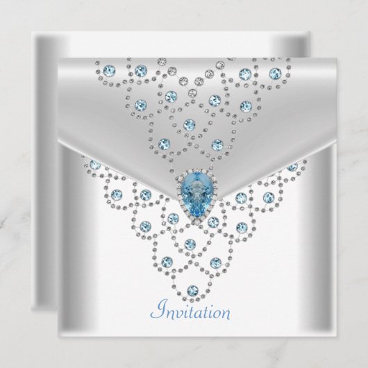 Elegant White Silver Overlay Blue Jewel Kaart (Voorkant / Achterkant)