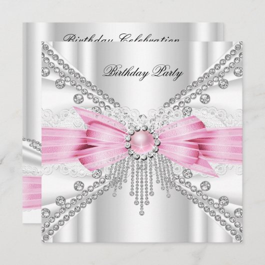 Elegant White Silver Pink Diamond Birthday Party Kaart (Voorkant / Achterkant)