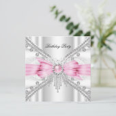 Elegant White Silver Pink Diamond Birthday Party Kaart (Staand voorkant)
