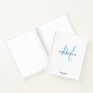 Elegant White Sky Blue Script Monogram Sketchbook Notitieboek