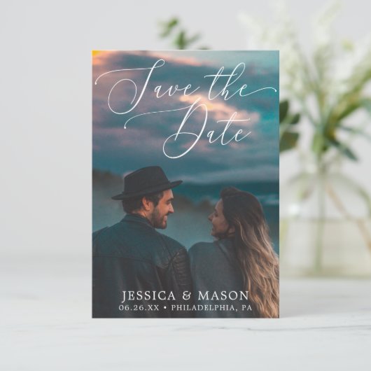 Elegant White slaat de datumkaart op - sla de datu RSVP Kaartje (Staand voorkant)