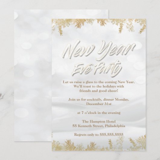 Elegant White Snow & Gold New Years Eve Party Kaart (Voorkant / Achterkant)