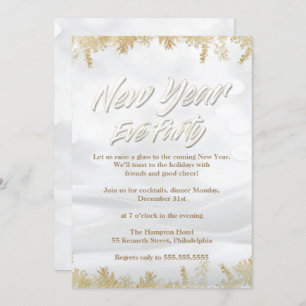 Elegant White Snow & Gold New Years Eve Party Kaart