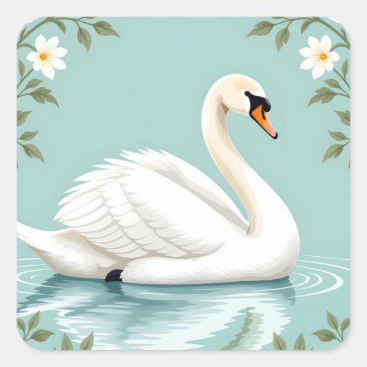 Elegant white swan floral blue vierkante sticker (Voorkant)
