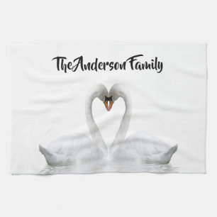 Elegant white swans familienaam script theedoek