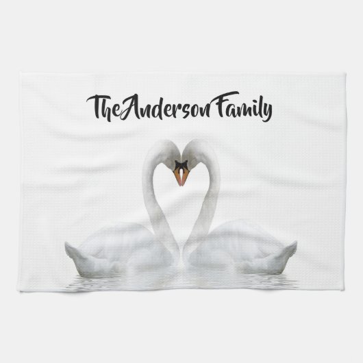 Elegant white swans familienaam script theedoek (Horizontaal)