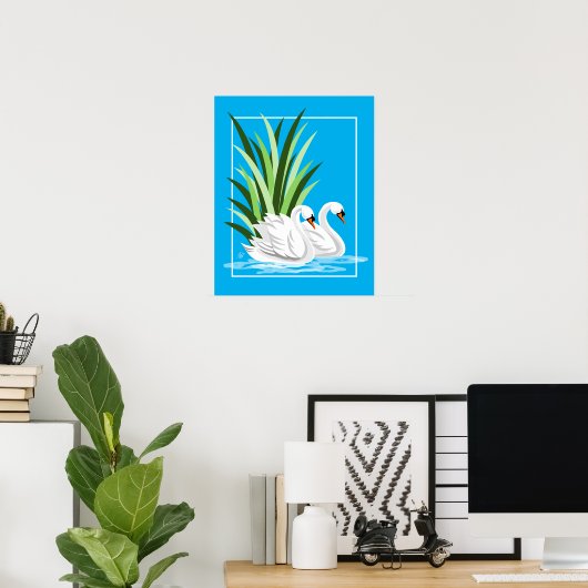 Elegant White Swans on Blue Water Poster (Thuiskantoor)