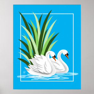 Elegant White Swans on Blue Water Poster