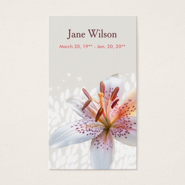 Elegant White Tiger Lily Name Prayer Card Visitekaartjes (Voorkant)
