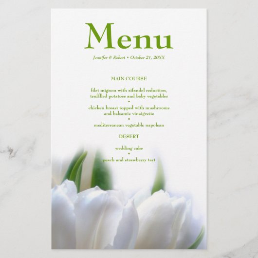 Elegant White Tulips Wedding Dinner Menu Kaart (Voorkant)
