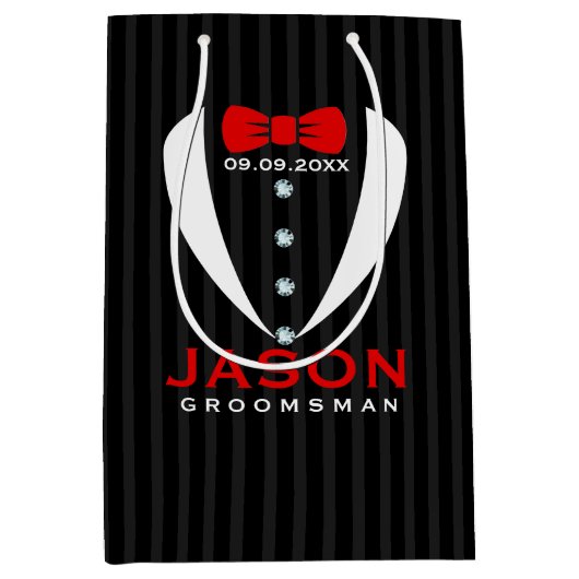 Elegant White Tuxedo Red Stropdas Groomsman Design Medium Cadeauzakje (Voorkant)