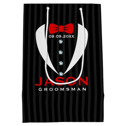 Elegant White Tuxedo Red Stropdas Groomsman Design Medium Cadeauzakje (Achterkant)