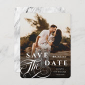 Elegant White Typography & Marble Back Photo Save The Date (Voorkant / Achterkant)