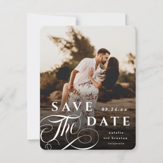 Elegant White Typography & Marble Back Photo Save The Date (Voorkant)