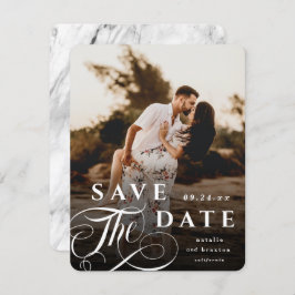 Elegant White Typography & Marble Back Photo Save The Date