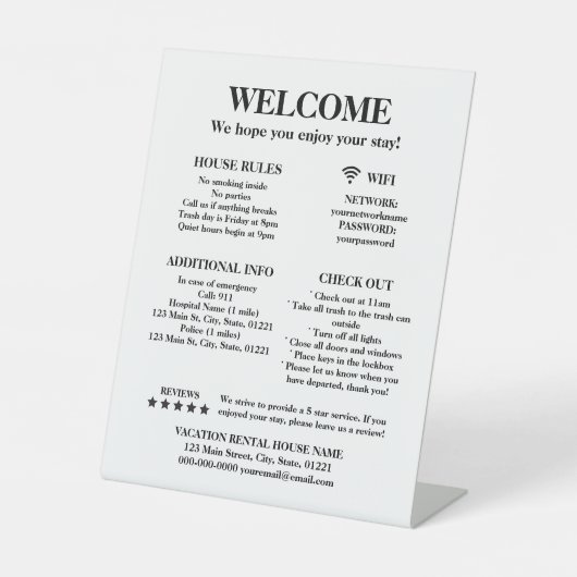 Elegant White Vacation Rental House Welcome Reclamebord Met Voetstuk (Voorkant)