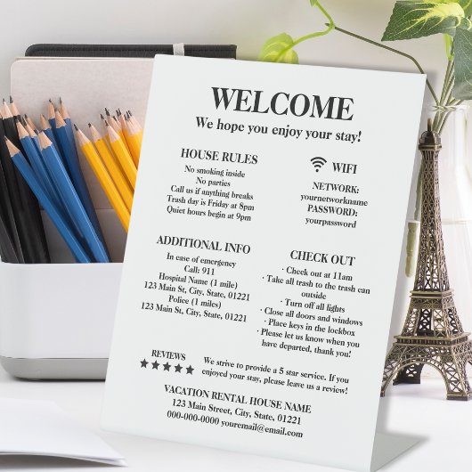 Elegant White Vacation Rental House Welcome Reclamebord Met Voetstuk