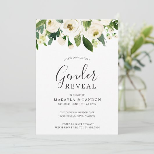 Elegant White Waterverf Floral Gender onthulling Kaart (Staand voorkant)