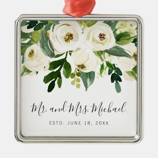 Elegant White Waterverf Floral & Greenery Wedding Metalen Ornament (Voorkant)