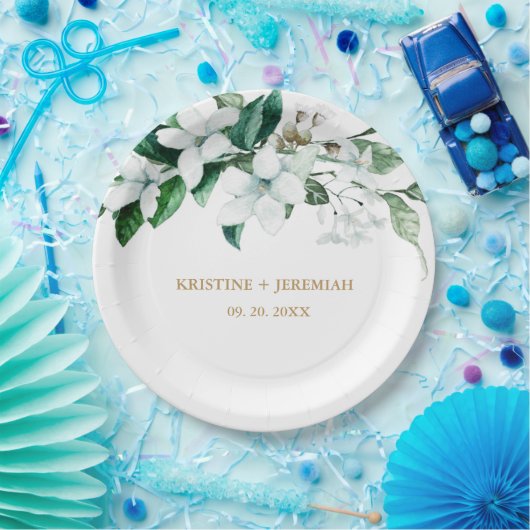 Elegant White Waterverf Floral Greenery Wedding Papieren Bordje (Feest)