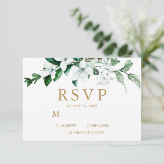 Elegant White Waterverf Floral Greenery Wedding RSVP Kaartje (Staand voorkant)