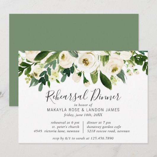 Elegant White Waterverf Floral Rehearsal Dinner Kaart (Voorkant / Achterkant)