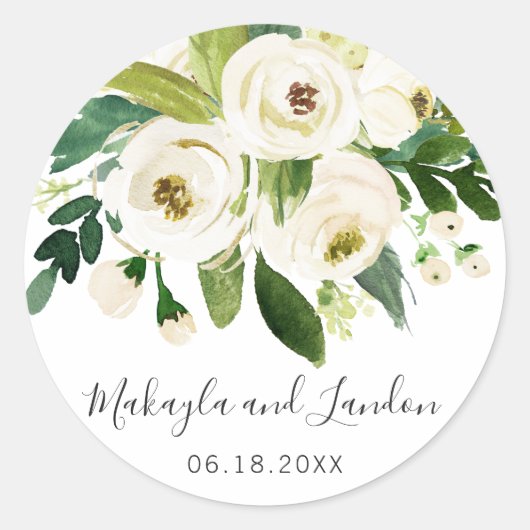 Elegant White Waterverf Floral Wedding Favor Ronde Sticker (Voorkant)