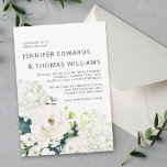 Elegant White Waterverf Floral Wedding Invitation Kaart<br><div class="desc">Een mooie keuze in bruiloftsuitnodigingen met een populair neutraal kleurenschema, dit ontwerp is voorzien van een boeket van witte waterverf bloemen met groen. De bloemetjes zijn onder andere rozen, hortensia’s en bijpassende gemengde bloemen voor een heerlijk effect. De tekstparingen die in dit ontwerp worden gebruikt, bevatten de namen van de...</div>