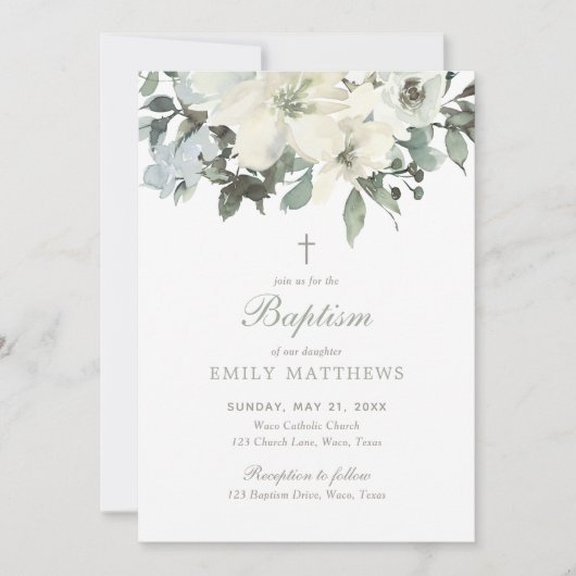 Elegant White Waterverf Flowers Greenery Baptisme Kaart (Voorkant)