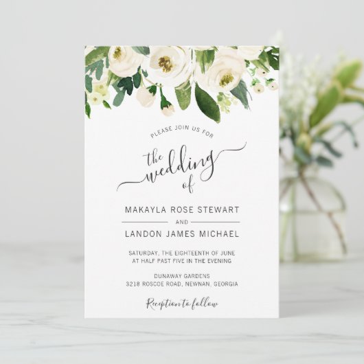 Elegant White Waterverf Rozen Border Wedding Kaart (Staand voorkant)
